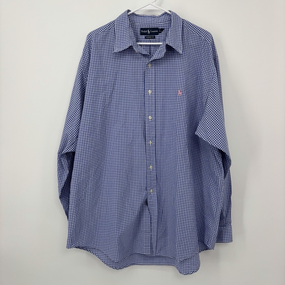 Ralph Lauren Button Down Shirt Blue Gingham Long Sleeve Cotton Mens XXL